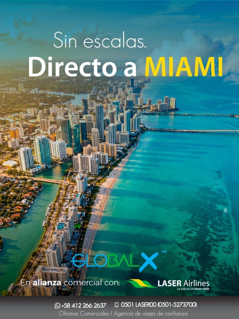 Aerolínea Global X, en alianza comercial con Laser Airlines anuncian vuelos directos a Miami.